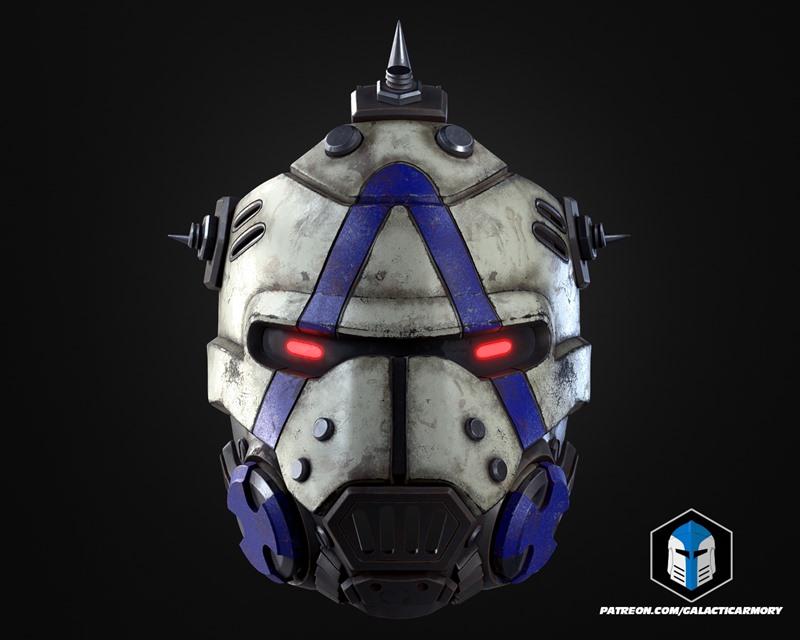 Borderlands Psycho mask with spiked top, glowing red eyes, and blue markings, rendered in a weathered, metallic style.