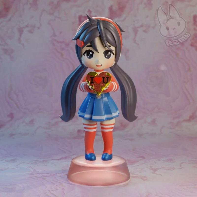 Chibi 3D model of Miside by Remy Sculpts, holding an "I U" heart, wearing a blue skirt, striped shirt, and...