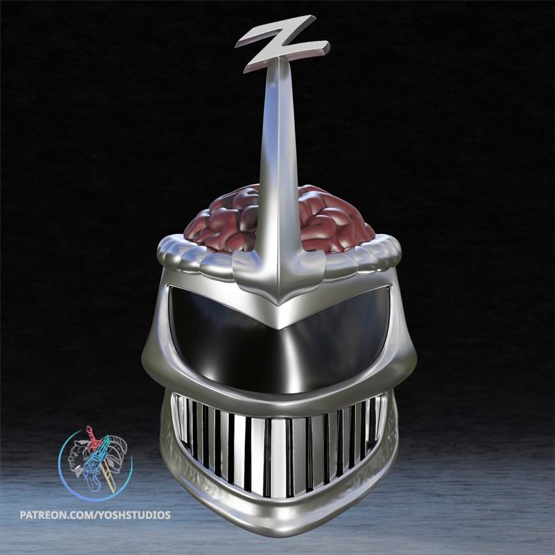 Lord Zedd helmet 3D model with exposed brain and 'Z' emblem, metallic silver finish, dark visor, and barred grin.
