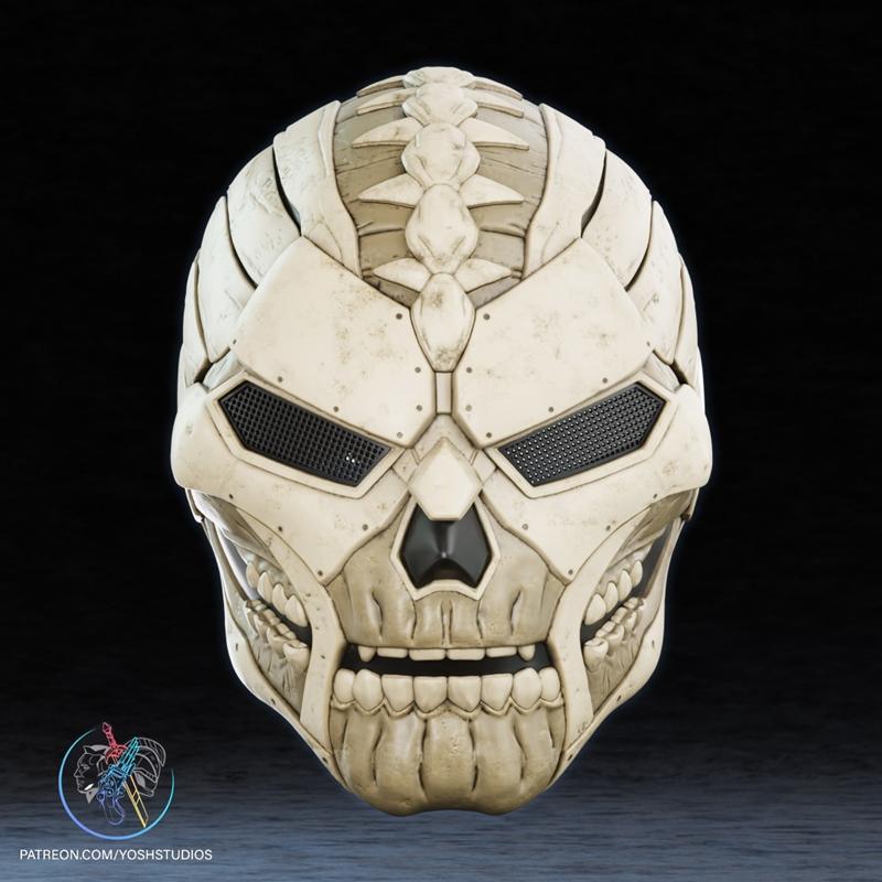 Close-up of a 3D printable Dr. Doom mask with a skull design, featuring segmented bone-like plating, mesh eye sockets...