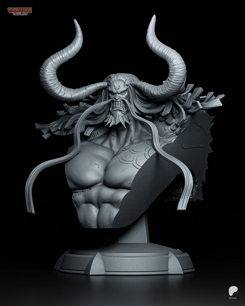 Kaido bust 3D model by Tanuki Figures, featuring large curved horns, a snarling expression, long hair and beard, and...