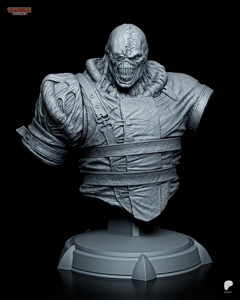 Nemesis bust 3D model by Tanuki Figures, showing stitched head, wide grin, and tattered clothing on a display base.