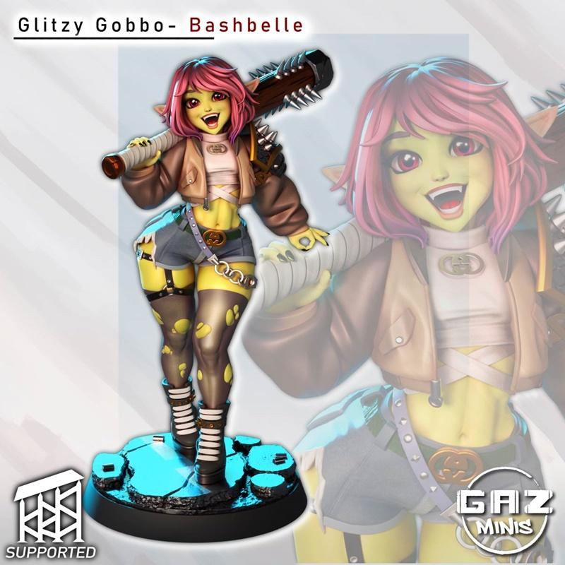 3D model figure of Bashbelle, a female goblin with pink hair and green skin, wearing a jacket, crop top, ripped short...