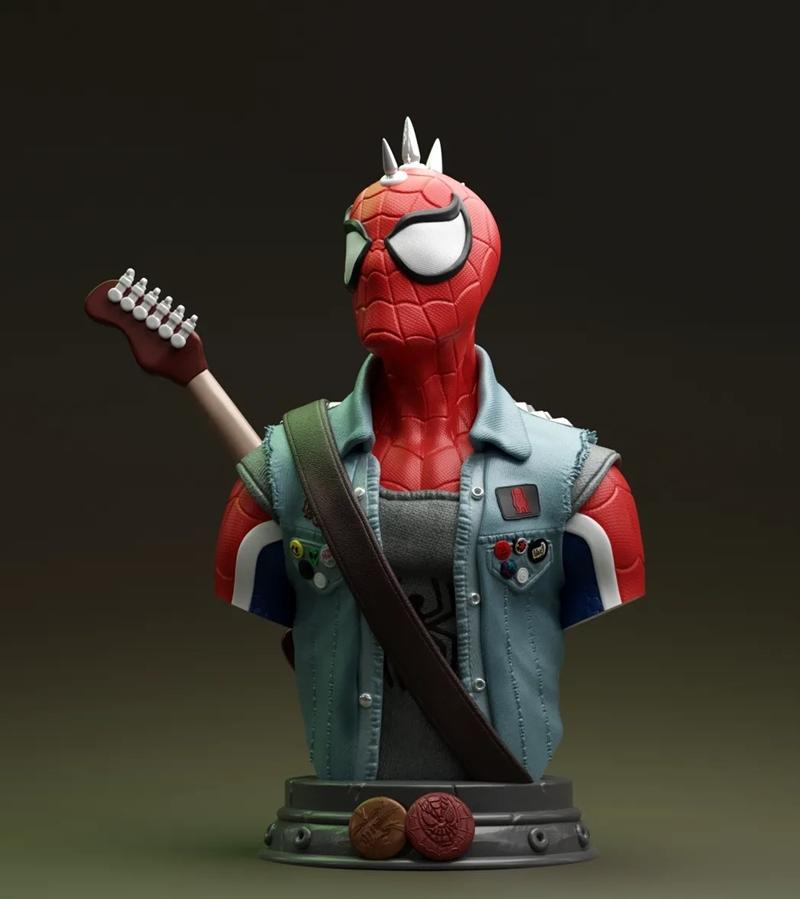Wekster 3D model bust of Spiderpunk wearing a denim vest with pins, holding a guitar neck, and sporting a spiked moha...