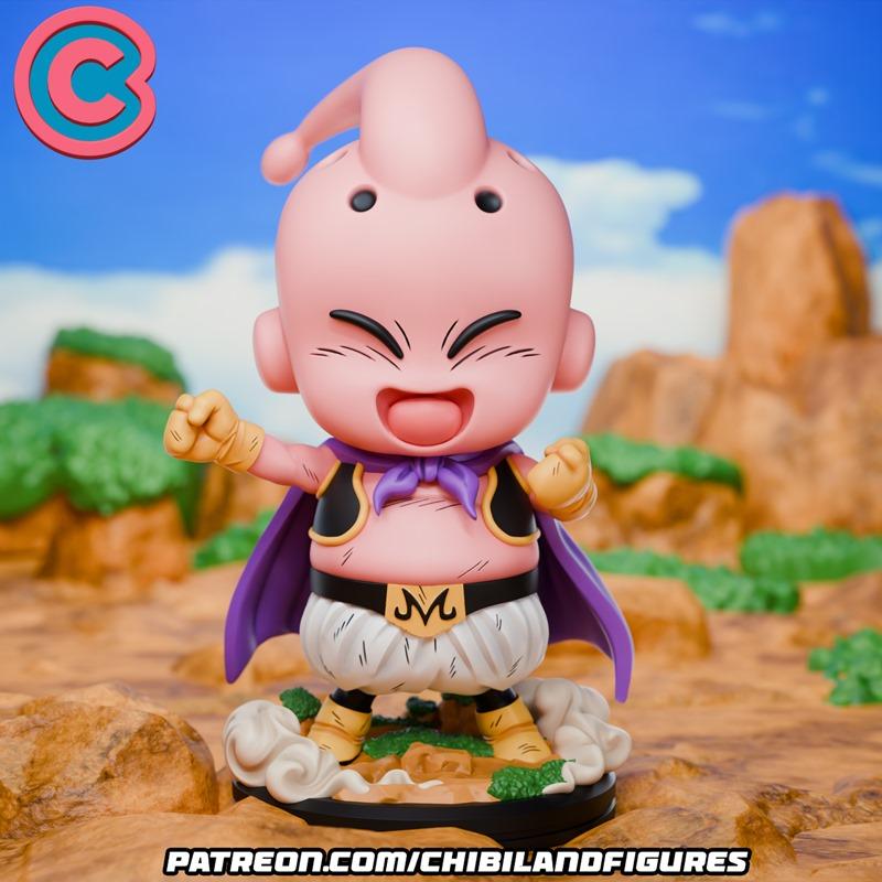 Chibi Majin Buu figure with pink skin, purple cape, and a wide smile, standing on a rocky base with smoke effects. Dr...
