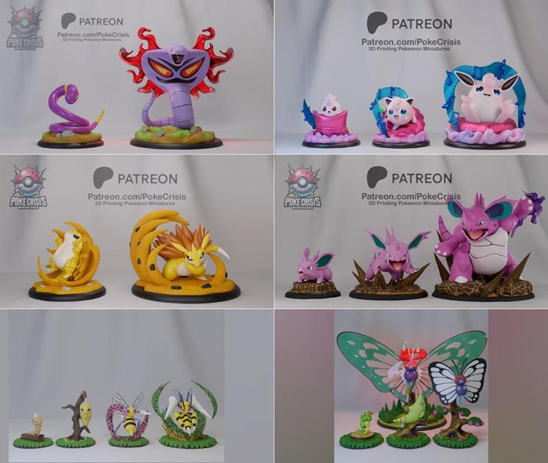Collection of Pokemon 3D print models: Arbok, Ekans, Jigglypuff, Clefairy, Nidoran family, and insect/butterfly Pokem...