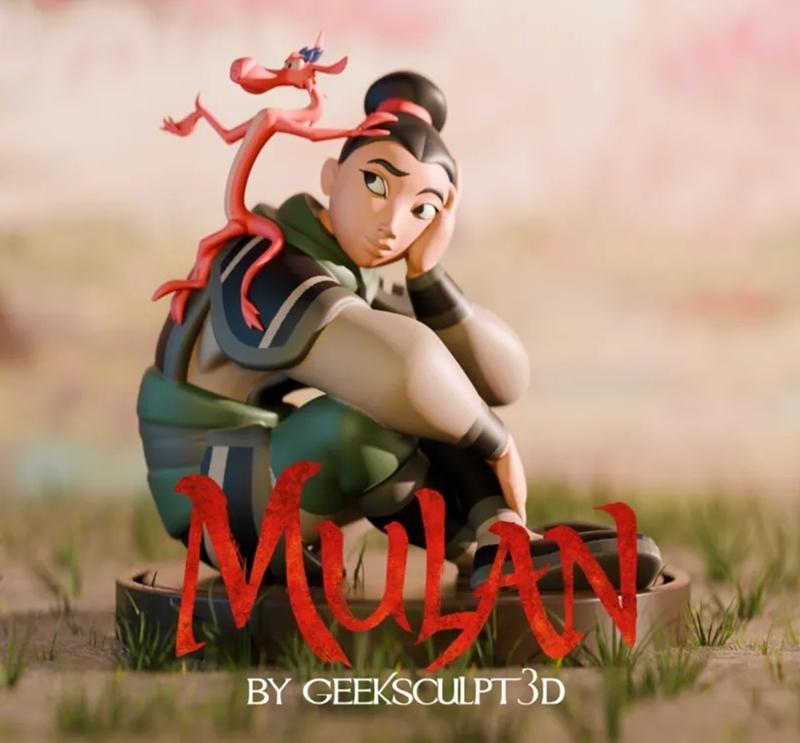 Mulan figure with Mushu perched on her shoulder, both in animated style. Mulan is crouching, resting her head on her...