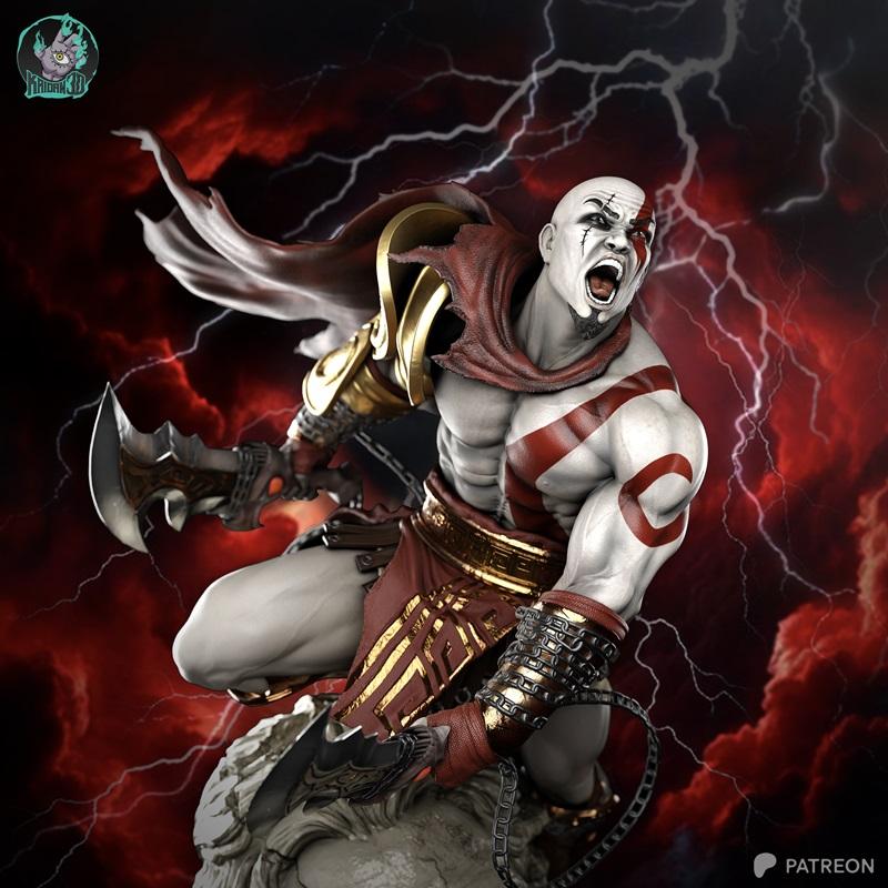 Kratos in a battle stance, roaring with his Blades of Chaos extended, wearing red and gold armor with a flowing cape,...