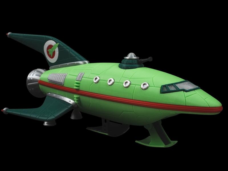 3D printable model of the green Planet Express spaceship from Futurama, featuring red stripes and a circular logo on...