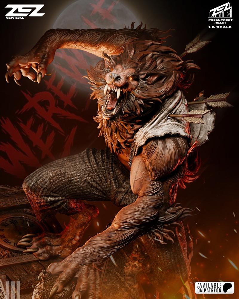 Ferocious werewolf statue in a lunging pose, bared teeth, sharp claws, tattered shirt with arrows in back, 1:6 scale,...