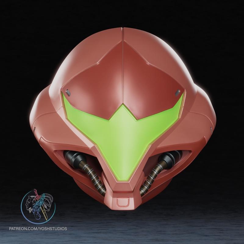 Red and green Samus Aran helmet from Metroid Dread, featuring ribbed tubes on the sides, 3D model by Yoshstudios.