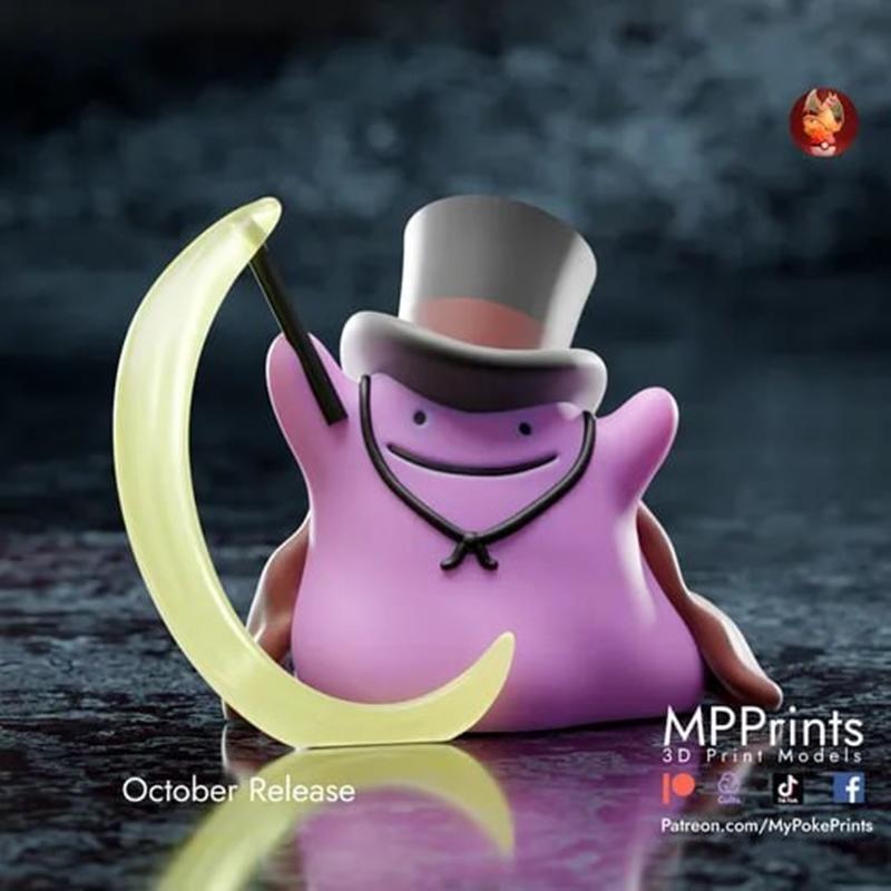 Ditto the Pokémon as a magician, wearing a top hat and bow tie, holding a wand that conjures a glowing crescent moon....