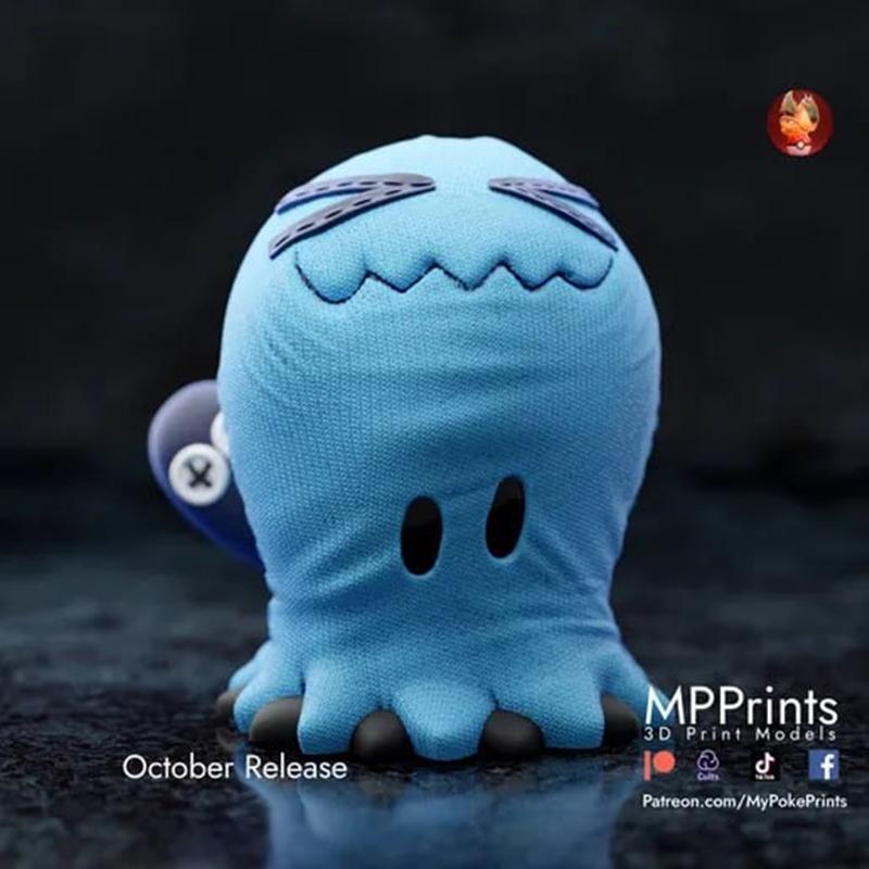 Blue 3D model of a Mimikyu Wobbuffet mashup character, with stitched eyes and mouth, two black eye holes, and stubby...