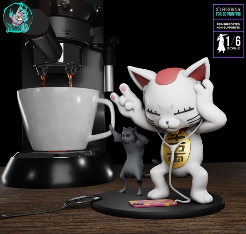 Stylized white cat figure with headphones and a golden charm, standing near a coffee maker and cup. A smaller grey ca...