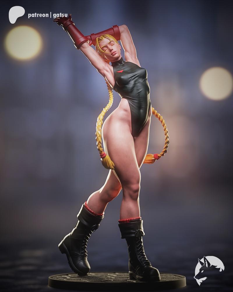 3D model of Cammy White from Street Fighter, wearing a black leotard, red armbands, and black boots, with blonde brai...