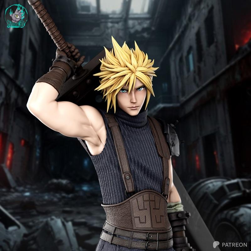 Cloud Strife figure with spiky blonde hair and blue eyes, holding a large Buster Sword over his shoulder. He wears a...