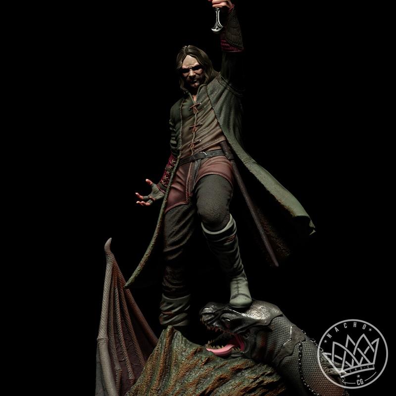 Nacho CG 3D model of Aragorn from The Lord of the Rings, standing on a dragon with a goblet raised, wearing a long co...