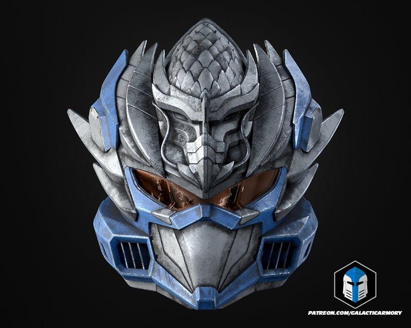 Close-up of the Halo Infinite Hayabusa helmet, a sci-fi helmet with a silver and blue metallic finish, featuring a se...