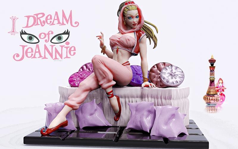 3D model figure of Jeannie from I Dream of Jeannie, sitting on cushions wearing a pink genie outfit, with a genie lam...