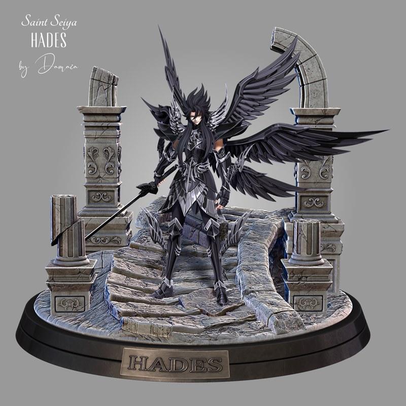 Hades figure with black wings and armor, holding a sword, standing on a stone ruin diorama base. Saint Seiya anime ch...