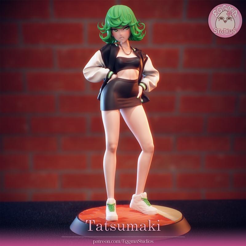 Tatsumaki figure in a black crop top, leather skirt, and bomber jacket, with green curly hair and white sneakers, sta...