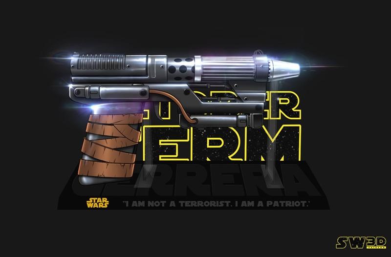 Star Wars Saw Gerrera blaster bust, metallic finish with brown wrapped grip, against a black background with yellow t...