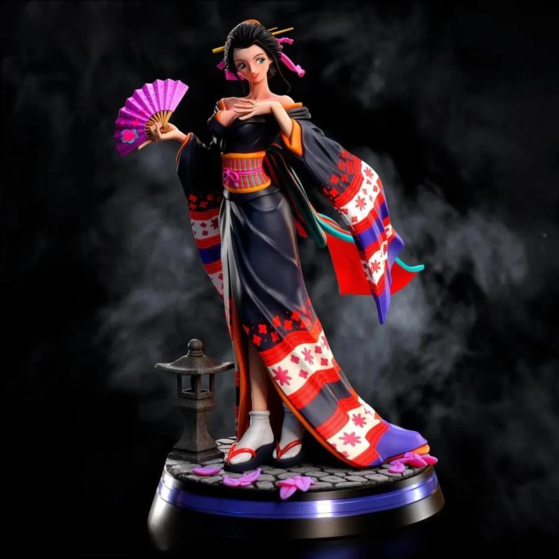 Nico Robin figure in a black and red floral kimono, holding a pink fan, standing on a base with a stone lantern. Anim...