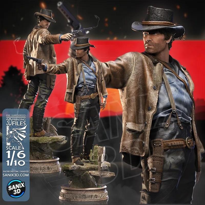 Arthur Morgan from Red Dead Redemption II, depicted as a 3D printable figure in a dynamic pose, holding a pistol. He...