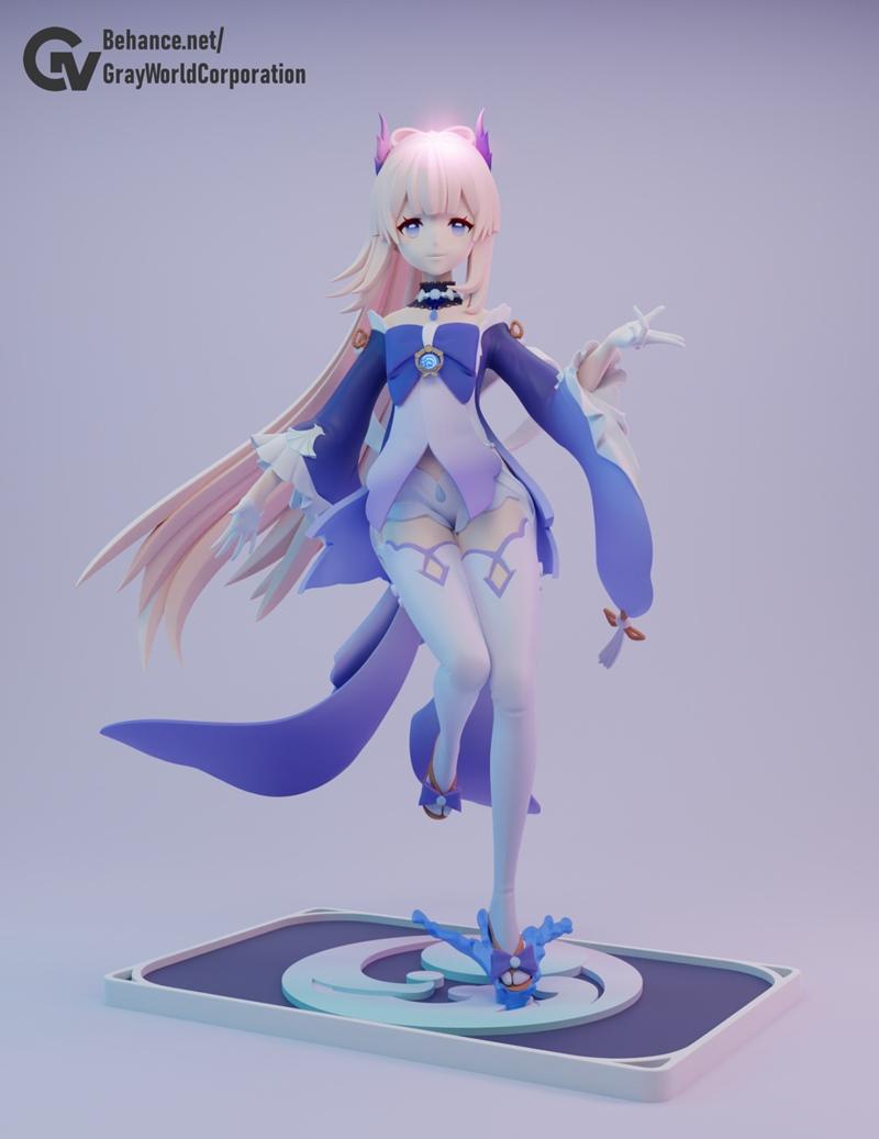 3D model figure of Sangonomiya Kokomi from Genshin Impact, wearing a blue and white outfit with pink hair, posed dyna...