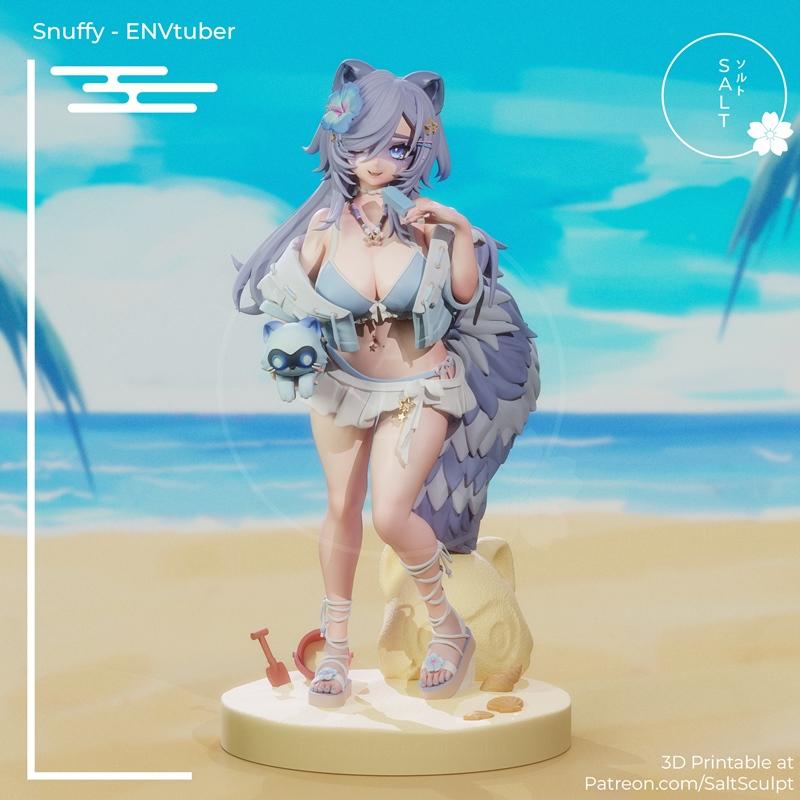 3D printable figure of Snuffy, an anime-styled ENVtuber character, wearing a bikini and sarong on a beach, holding a...