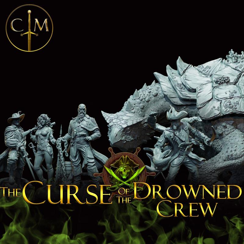 A collection of 3D printed miniatures including a dragon, undead pirates, and a ship's wheel with a skull emblem, pre...