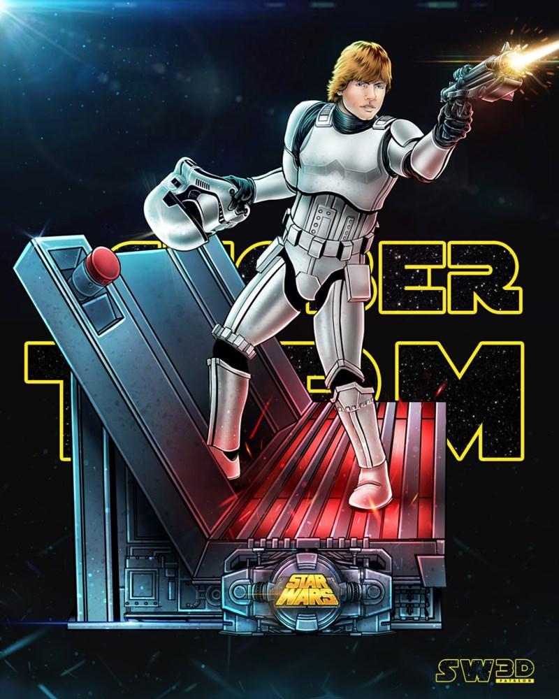 Luke Skywalker in Stormtrooper armor firing a blaster, holding a helmet, standing on a diorama base with Star Wars lo...
