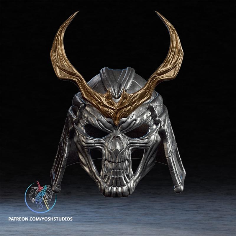 Shao Kahn helmet from Mortal Kombat II, featuring a silver skull faceplate with golden horns and ornate detailing, pr...