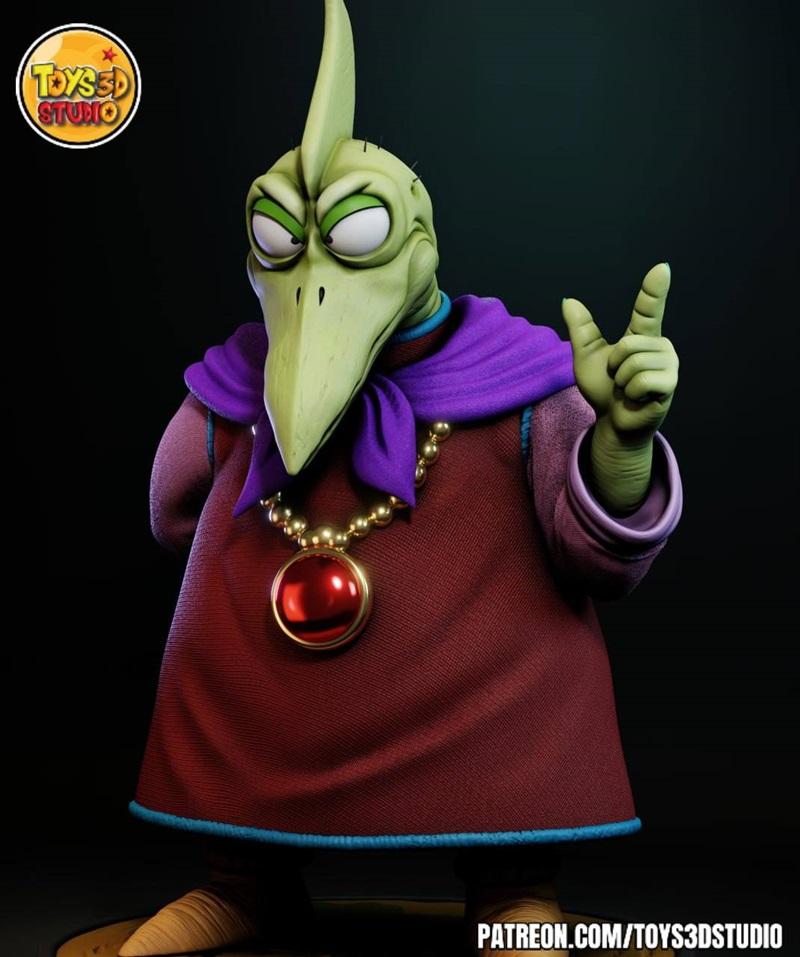 3D model figure of Piano from Dragon Ball, a green-skinned character with a beak and large eyes, wearing a maroon rob...