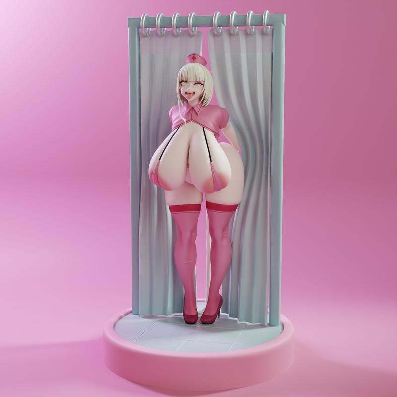 Anime-style nurse figure in pink outfit, thigh-highs, and heels, standing suggestively behind a shower curtain on a p...
