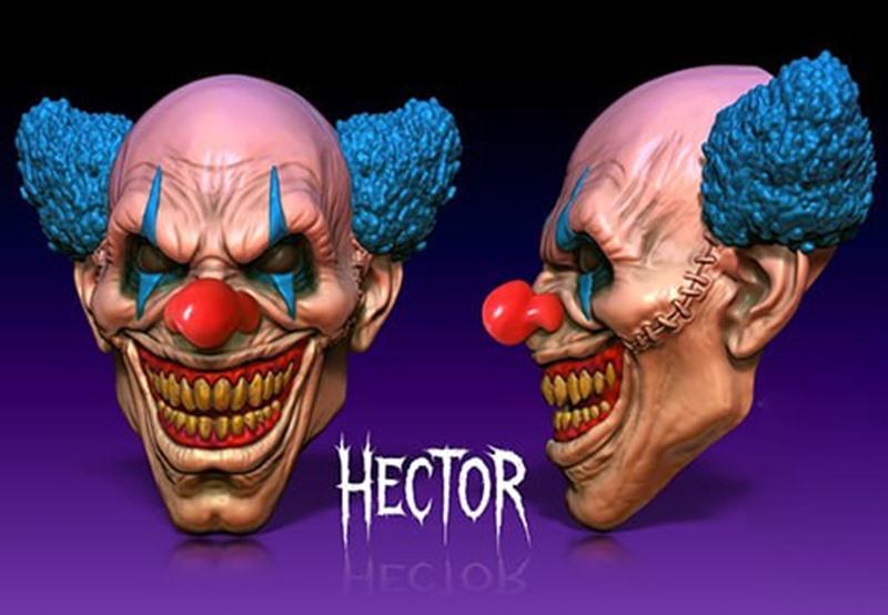 Front and side views of a terrifying 3D printable clown mask named Hector. The mask has a pale, wrinkled face, red no...