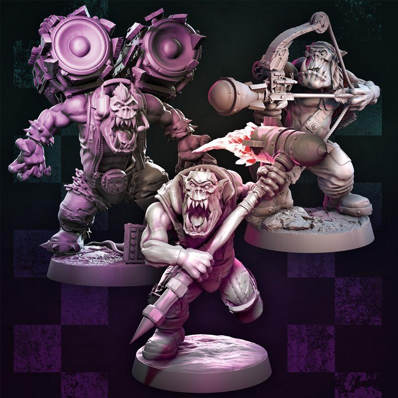 Three orc 3D models on bases: one with a spiked club, one with a dual-speaker backpack and headphones, and one with a...