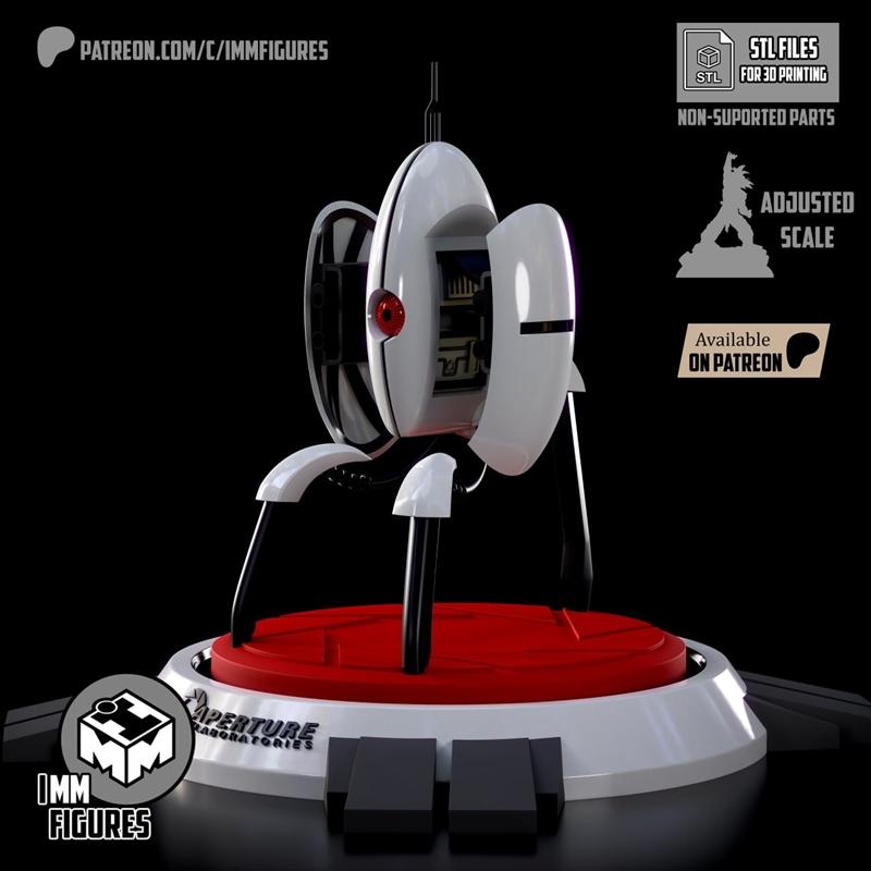 3D model of a Portal Sentry Turret by Imm Figures, featuring a white body, red eye, open panels showing internal mech...