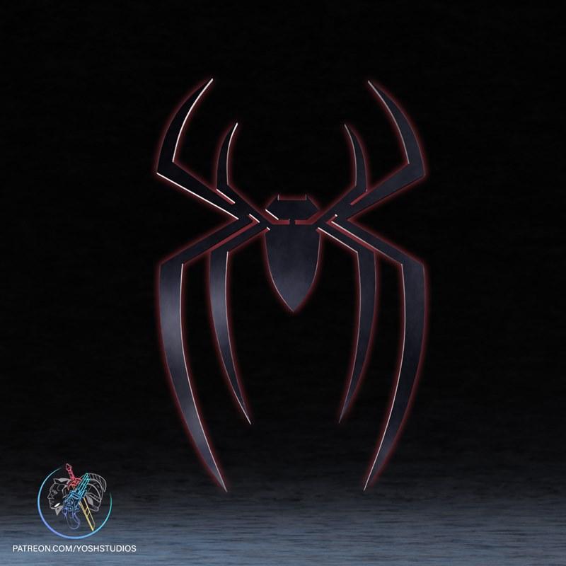 Spider-Man Brand New Day symbol, a stylized black spider emblem with red glowing edges, against a dark background.