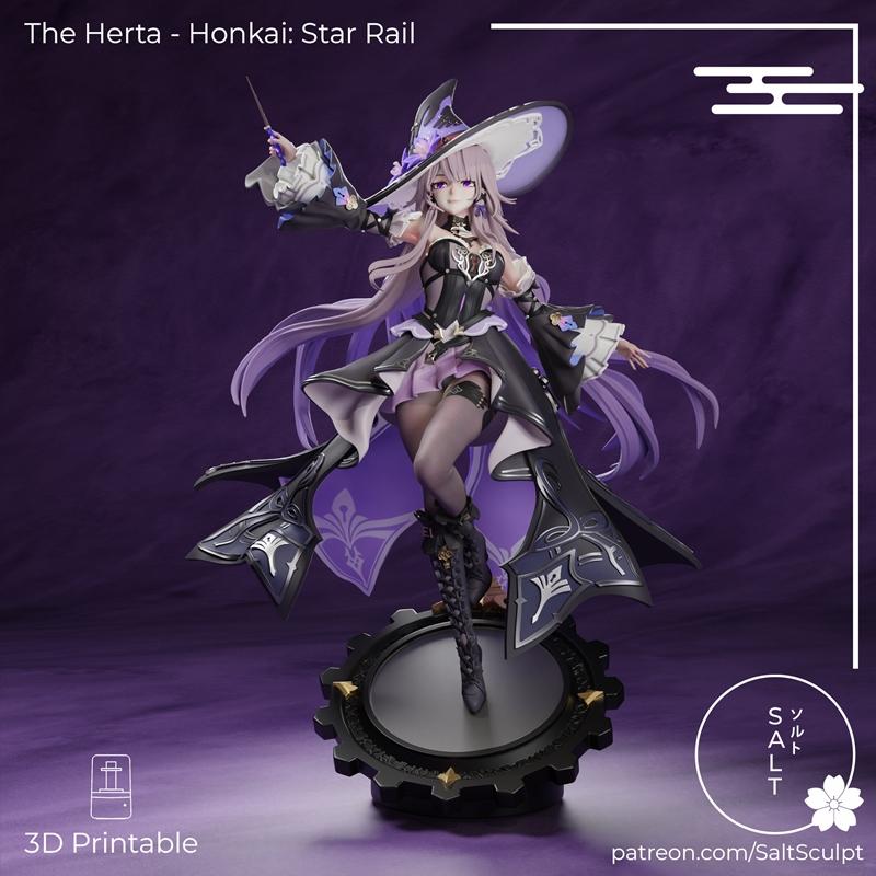 Herta from Honkai Star Rail figure by Saltsculpt, wearing a witch hat and ornate black and purple dress, holding a ma...