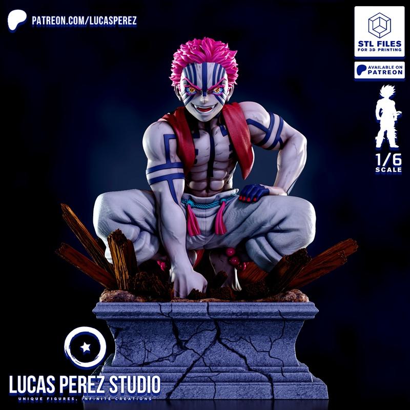 1/6 scale 3D model of Akaza from Demon Slayer, crouching on a stone and wood base. He has pink spiky hair, blue marki...