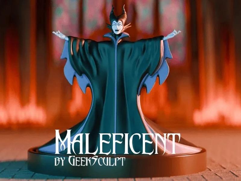 Maleficent 3D model figure by GeekSculpt3D, standing with arms outstretched in a flowing black and blue cape, wearing...