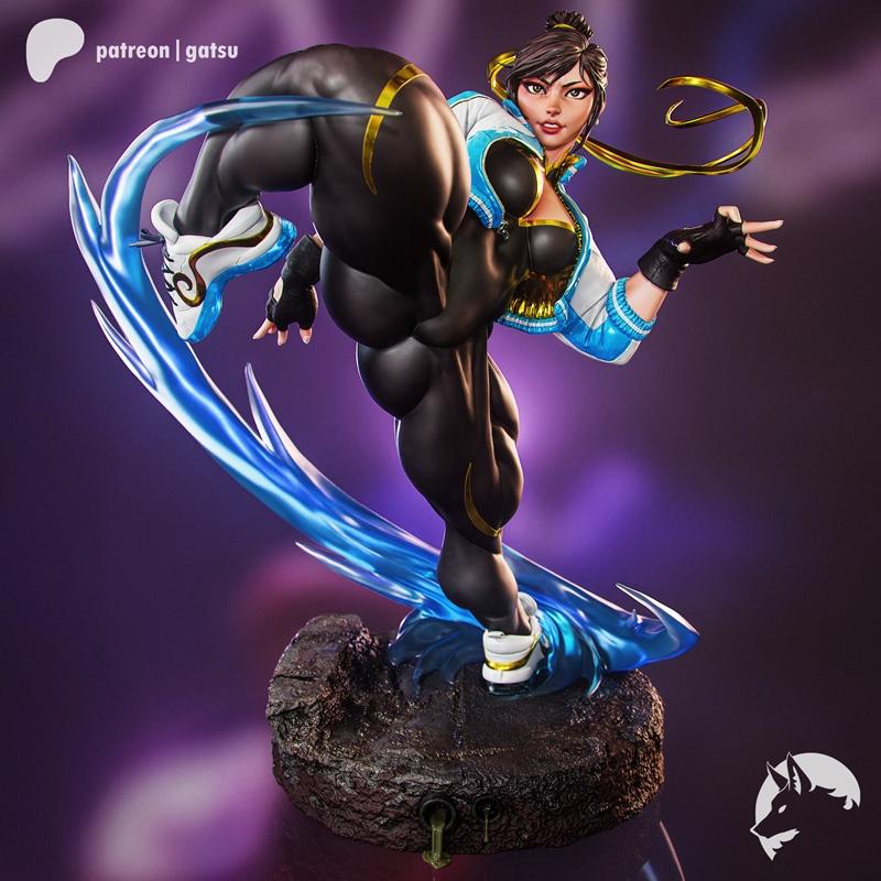 Chun-Li figure in a dynamic kicking pose, wearing a black bodysuit with gold trim and a blue and white jacket, with b...