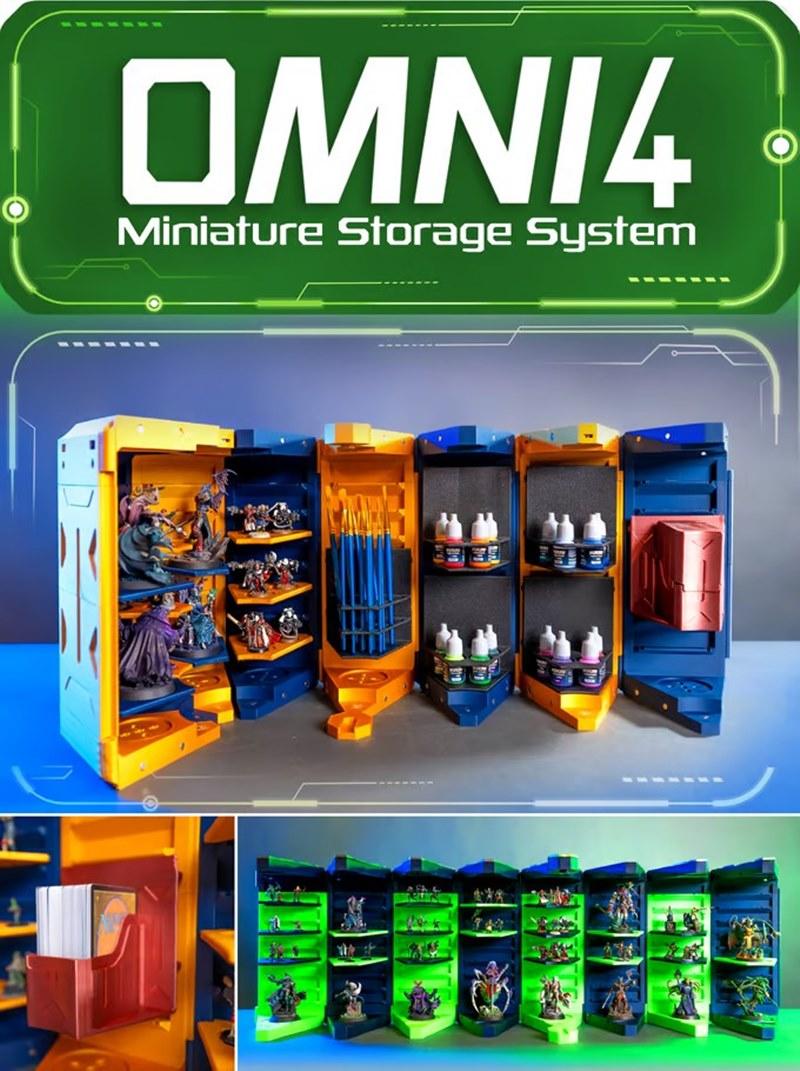 Modular storage units for miniatures, paints, and brushes, featuring yellow and blue exteriors with green interior li...