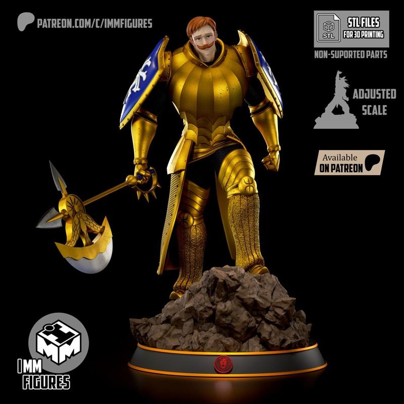Escanor figure in full golden armor, holding a large axe, standing on a rocky base. Imm Figures model.