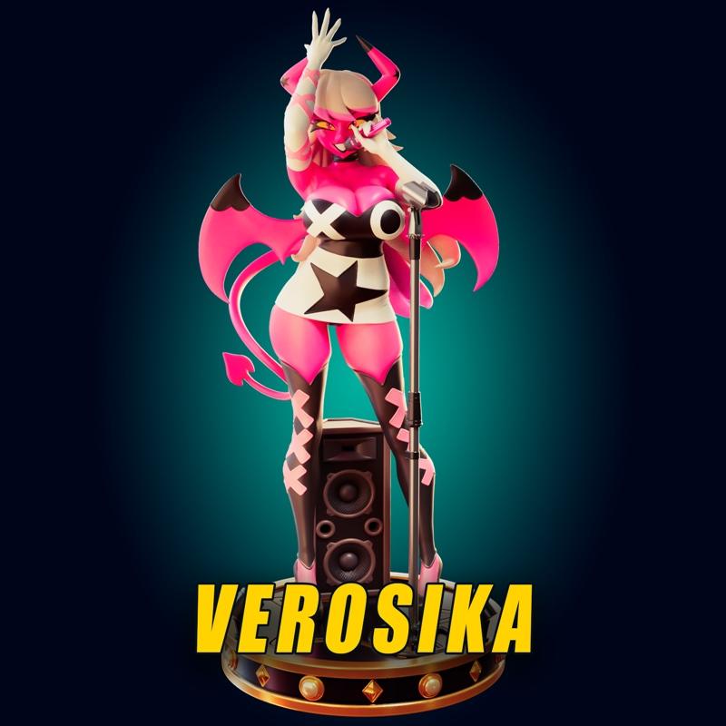 3D model of Verosika Mayday from Helluva Boss, a pink demon singer with wings and tail, holding a microphone next to...