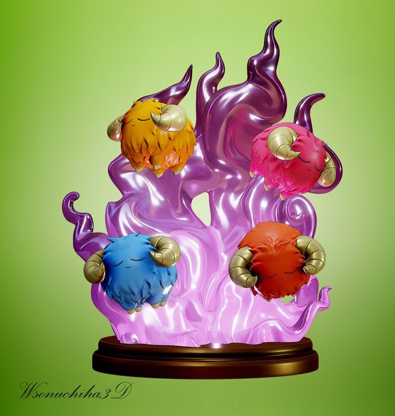 Four colorful, fluffy sheep-like creatures with golden horns, representing the Yu-Gi-Oh! Scapegoat monster, emerge fr...