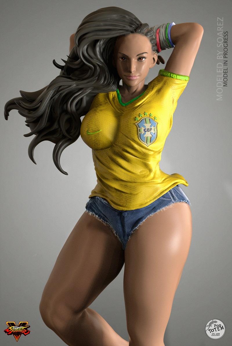 Laura Matsuda from Street Fighter in a dynamic pose, wearing a Brazilian soccer jersey and denim shorts, with long fl...