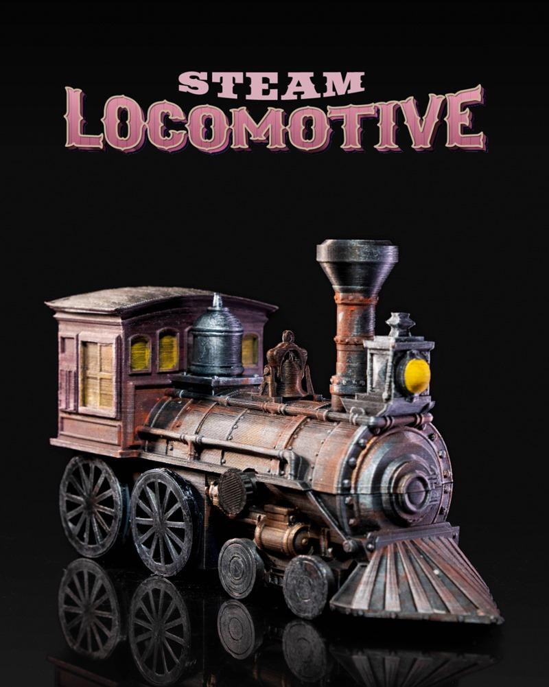 Detailed 3D model of a vintage steam locomotive with a tender car, featuring large wheels, a smokestack, and a weathe...