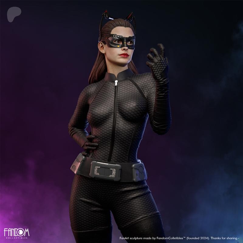 Catwoman 3D model figure in a black textured catsuit, mask with ears, and utility belt, posed dynamically with one ha...